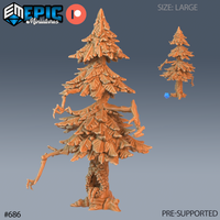 Digital render of the Mimic Tree miniature by Epic Miniatures — an unpainted resin large-scale pine tree creature with skeletal branch-limbs, a hollow maw cavity at the base of the trunk, layered needle foliage, and root-feet; a smaller scale reference view and a d20 are visible in the background showing the model's large footprint