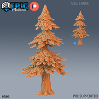 Digital render of a large resin pine tree terrain piece by Epic Miniatures, shown unpainted in orange resin. The large version dominates the left of the image with broad layered boughs, feathered branch edges, and a gnarled root-flared trunk. A smaller standard-size variant is shown to the right alongside a blue d6 for scale. Labelled SIZE: LARGE and PRE-SUPPORTED.