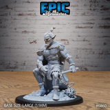 Broad-shouldered Firbolg barbarian crouched low with one leg forward, gripping a spiked flail on a chain, wearing a fur-trimmed cape, leather bracers, and fur boot-cuffs. Snarling expression, topknot hair, rubble scenic base. Sculpt by Epic Miniatures.
