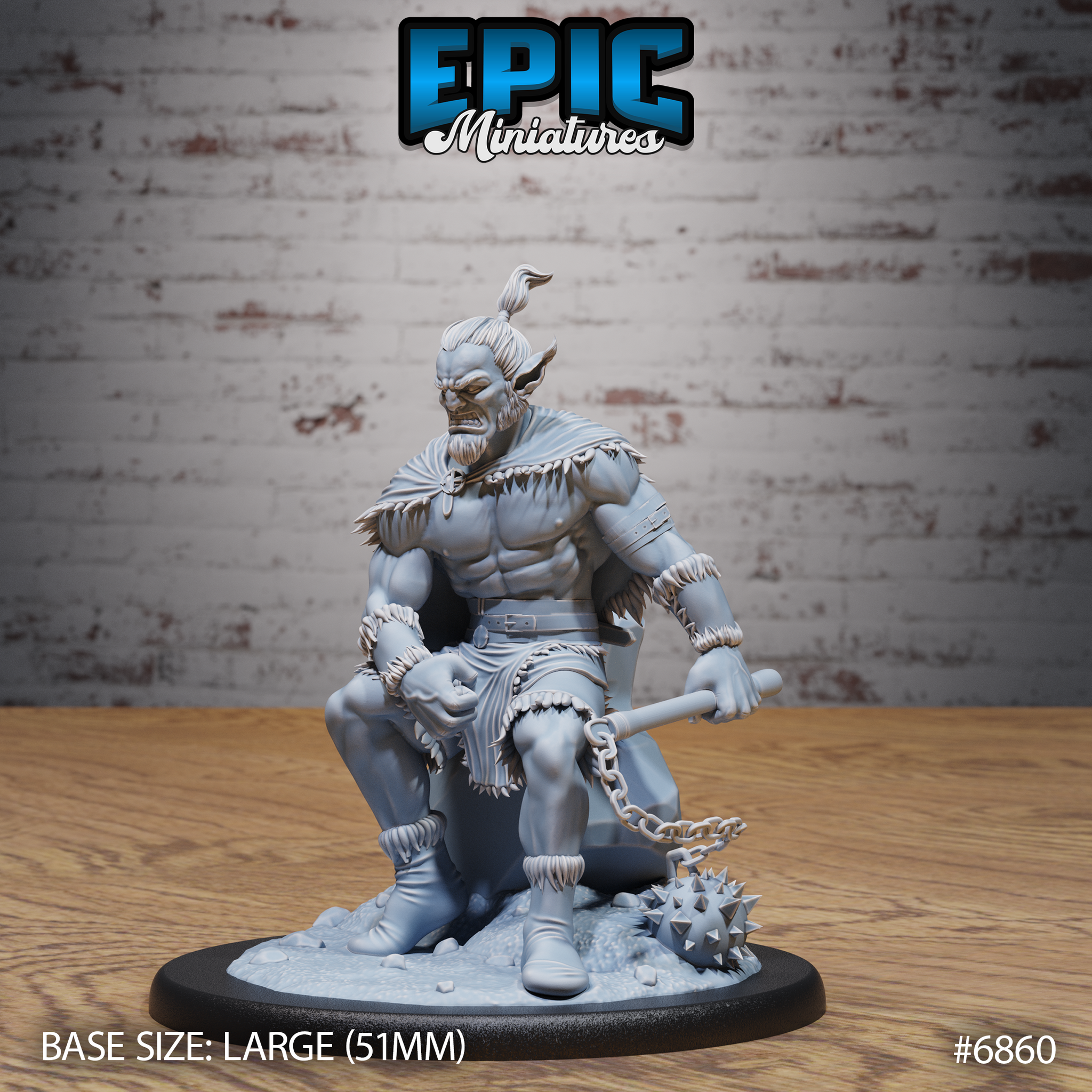 Broad-shouldered Firbolg barbarian crouched low with one leg forward, gripping a spiked flail on a chain, wearing a fur-trimmed cape, leather bracers, and fur boot-cuffs. Snarling expression, topknot hair, rubble scenic base. Sculpt by Epic Miniatures.