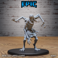 Multi-armed gaunt figure seen from behind, four arms raised and outstretched, wearing a tattered belted tabard with ragged hem, scaled lower legs with pronounced clawed toes, long braided or wrapped hair visible at the crown. Sculpt by Epic Miniatures.