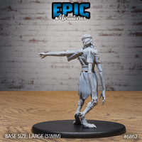 Braided seeress with elongated clawed hands, one arm outstretched pointing, robes with ritual belt pouches, heavily scaled bird-talon legs mid-stride, viewed from behind. Sculpt by Epic Miniatures.