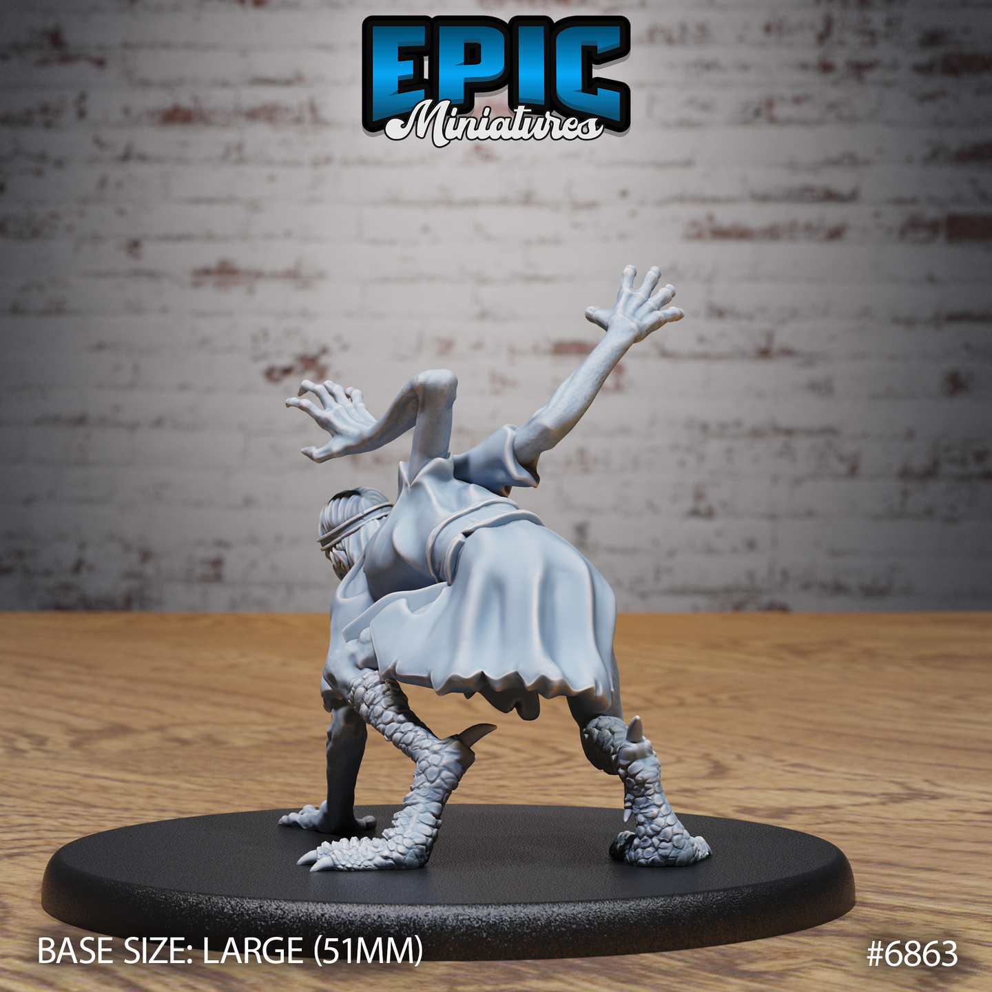 Female figure bent forward with both arms thrown wide and grasping, draped in a flowing cloak, scaled clawed feet braced wide apart, hair loose beneath a headband. Sculpt by Epic Miniatures.