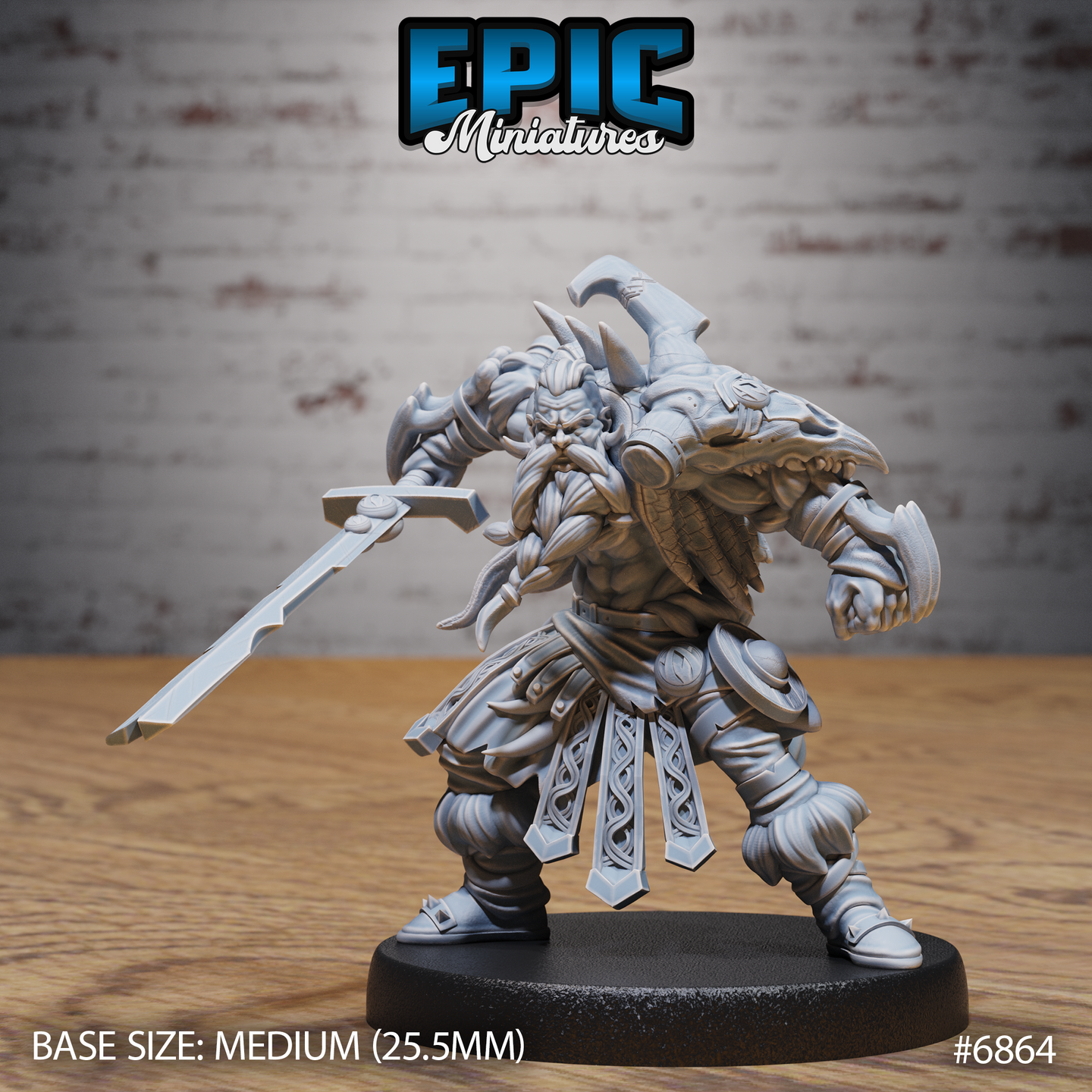 Broad-shouldered Viking berserker raising a hand axe overhead while extending a short blade forward, wide combat stance, long braided beard, horned helmet, knotwork belt panels, layered scale and leather armour. Sculpt by Epic Miniatures.