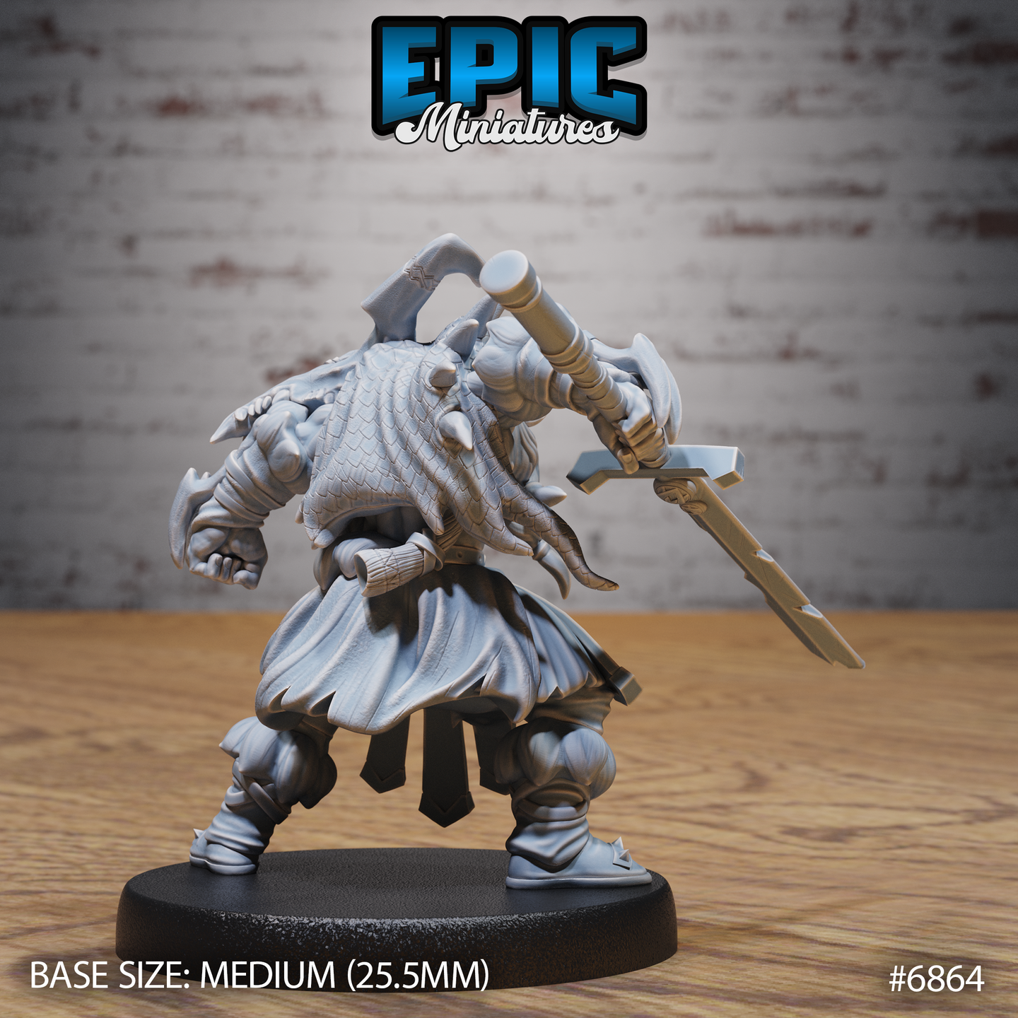 Viking berserker seen from behind, scaled shoulder cloak flowing mid-stride, arm raised holding a long-hafted axe, short blade gripped in the other hand, knotwork belt details visible, wide aggressive stance. Sculpt by Epic Miniatures.