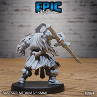 Viking berserker seen from behind, scaled shoulder cloak flowing mid-stride, arm raised holding a long-hafted axe, short blade gripped in the other hand, knotwork belt details visible, wide aggressive stance. Sculpt by Epic Miniatures.