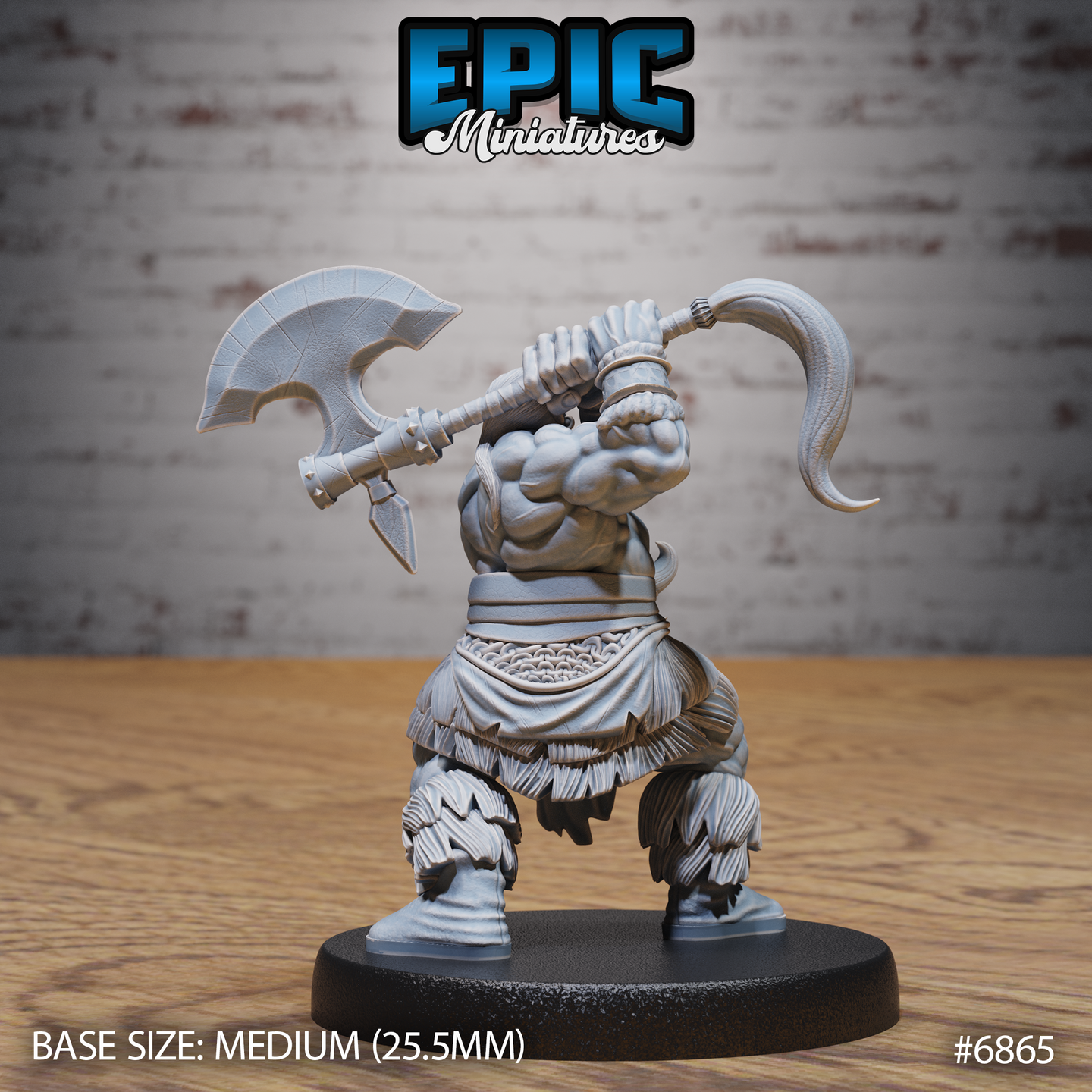 Barbarian warrior swinging a double-headed great axe with hook-tipped haft, back muscles visible, wearing layered fur leg wraps and a woven sash belt, on a plain round base. Sculpt by Epic Miniatures.