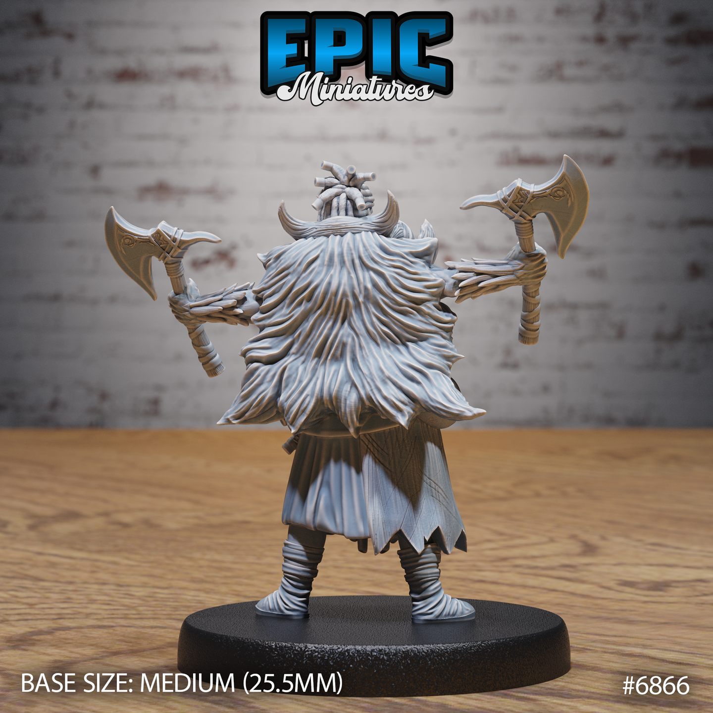 Barbarian warrior seen from behind, twin axes held outspread, with a cascading fur cloak, intricate headdress, and detailed armour panels visible across the full back of the sculpt. Epic Miniatures.