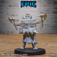 Barbarian warrior seen from behind, twin axes held outspread, with a cascading fur cloak, intricate headdress, and detailed armour panels visible across the full back of the sculpt. Epic Miniatures.