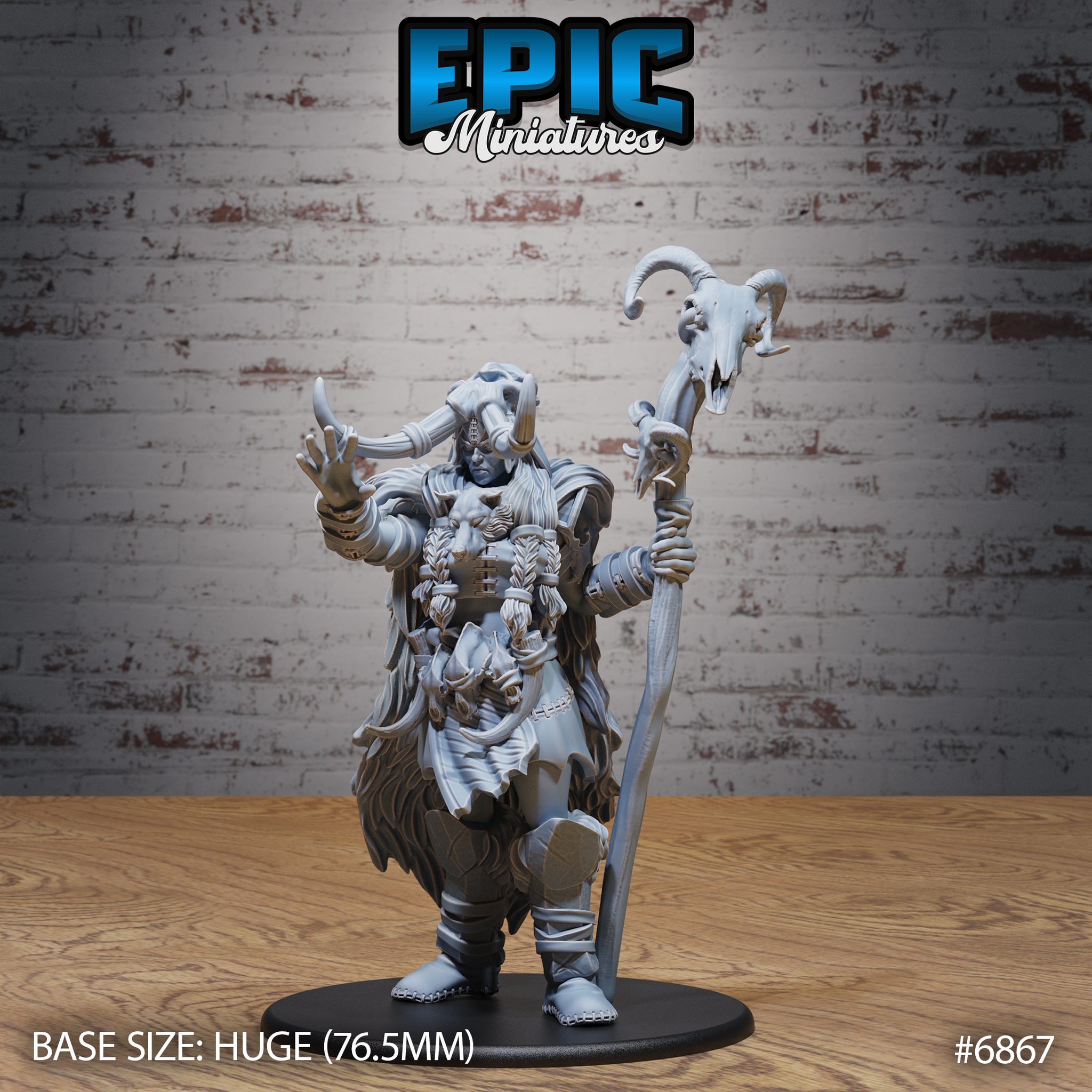 Frost Giantess miniature by Epic Miniatures — striding forward with one leg raised, right hand outstretched and fingers spread, gripping a tall bone staff crowned with a ram skull. Bald head with rising horns bound with rings, heavy fur cloak layered over torso armour with bone and leatherwork detailing. Mounted on a 76.5mm round base.