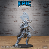 Frost Giantess raising a large rune-etched greataxe overhead, wearing a horned helmet, layered fur cloak and bound leather boots, one knee raised in a charging stride. Sculpt by Epic Miniatures.