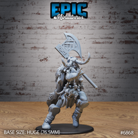 Frost Giantess raising a large rune-etched greataxe overhead, wearing a horned helmet, layered fur cloak and bound leather boots, one knee raised in a charging stride. Sculpt by Epic Miniatures.