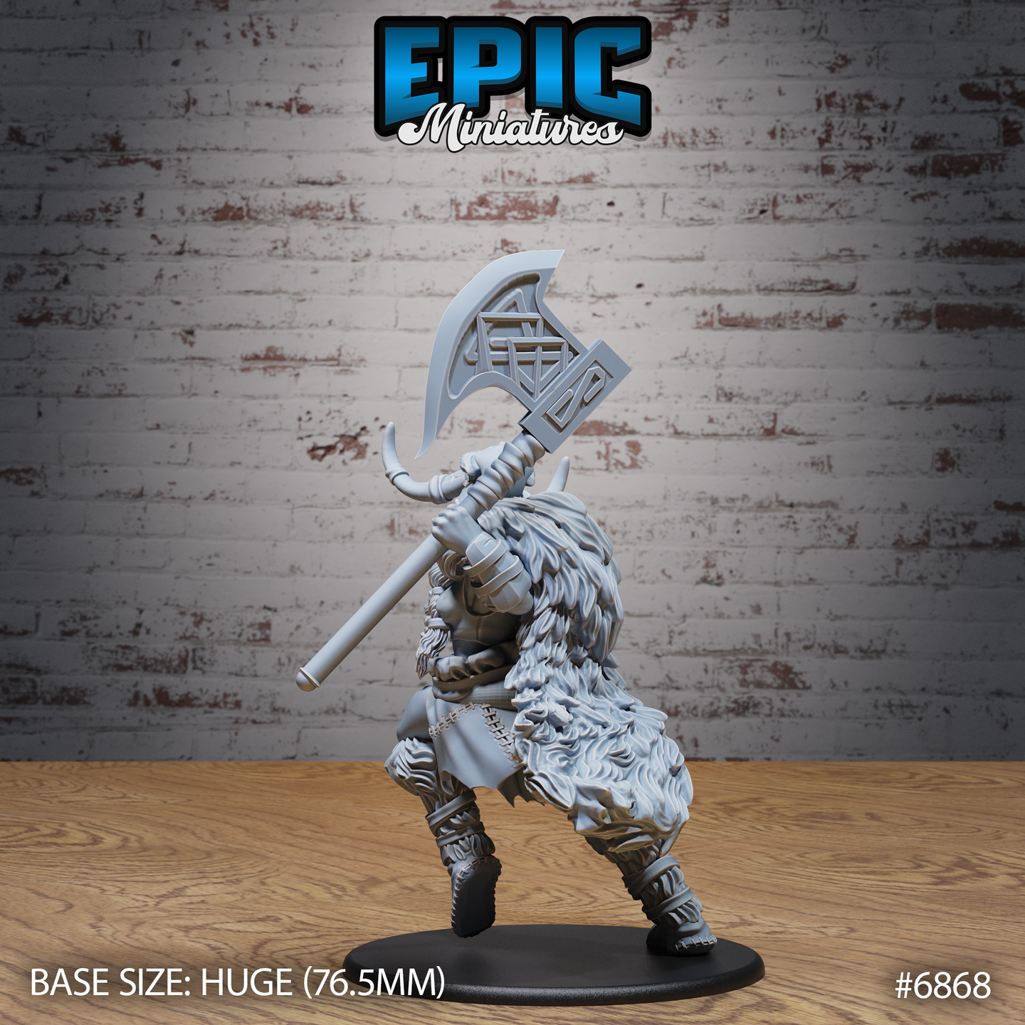 Frost Giantess gripping a rune-carved greataxe close to her chest in a two-handed combat stance, thick fur pelt visible across her back and shoulders, horned helmet prominent. Sculpt by Epic Miniatures.