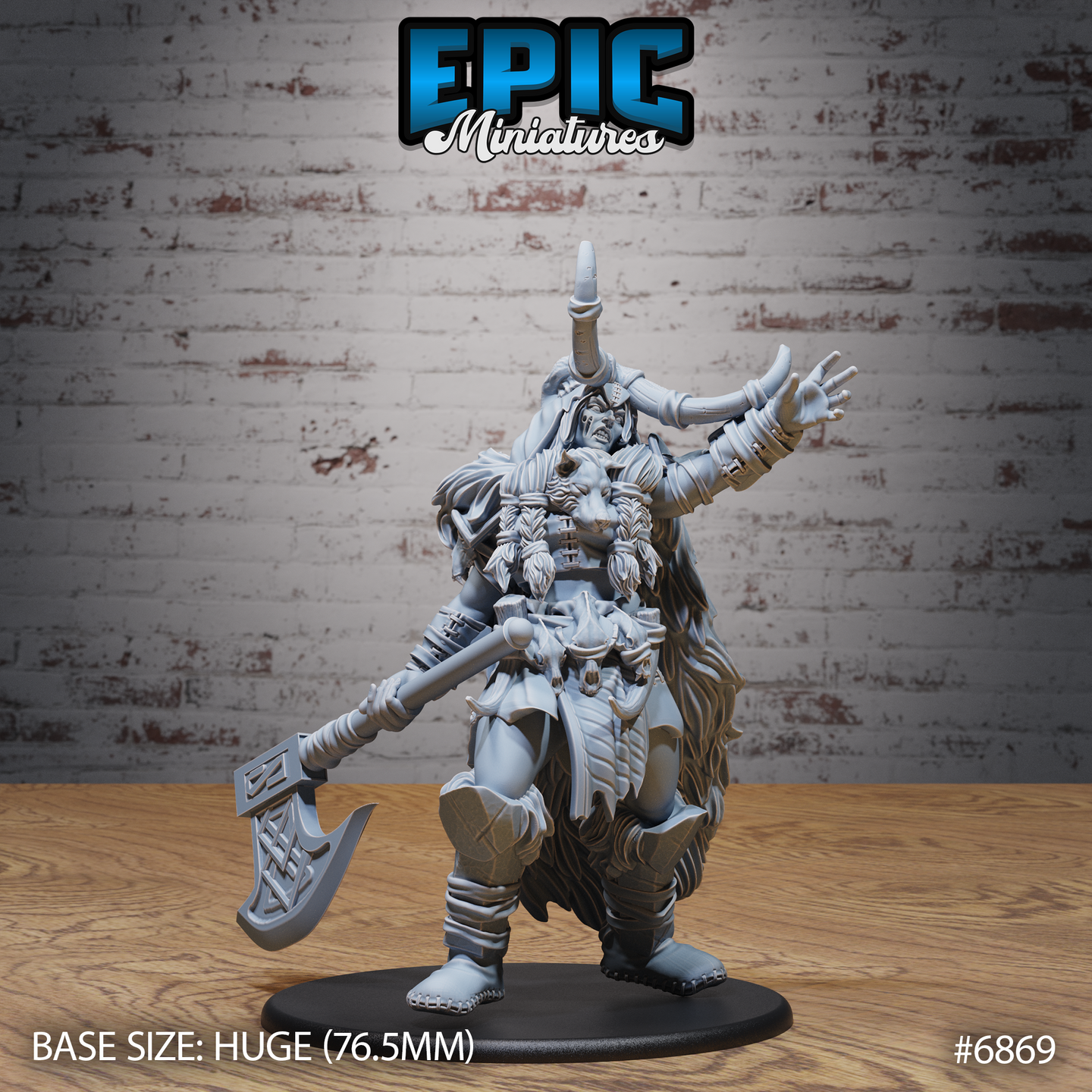 Towering female giant zombie miniature, arm outstretched with grasping fingers, dragging a large runic axe at her side, wearing a horned helm, layered fur trim, hide armour, and bone fetishes at her belt. Sculpt by Epic Miniatures.