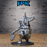 Towering female giant zombie miniature, arm outstretched with grasping fingers, dragging a large runic axe at her side, wearing a horned helm, layered fur trim, hide armour, and bone fetishes at her belt. Sculpt by Epic Miniatures.