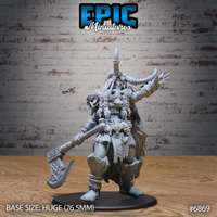 Towering female giant zombie miniature, arm outstretched with grasping fingers, dragging a large runic axe at her side, wearing a horned helm, layered fur trim, hide armour, and bone fetishes at her belt. Sculpt by Epic Miniatures.