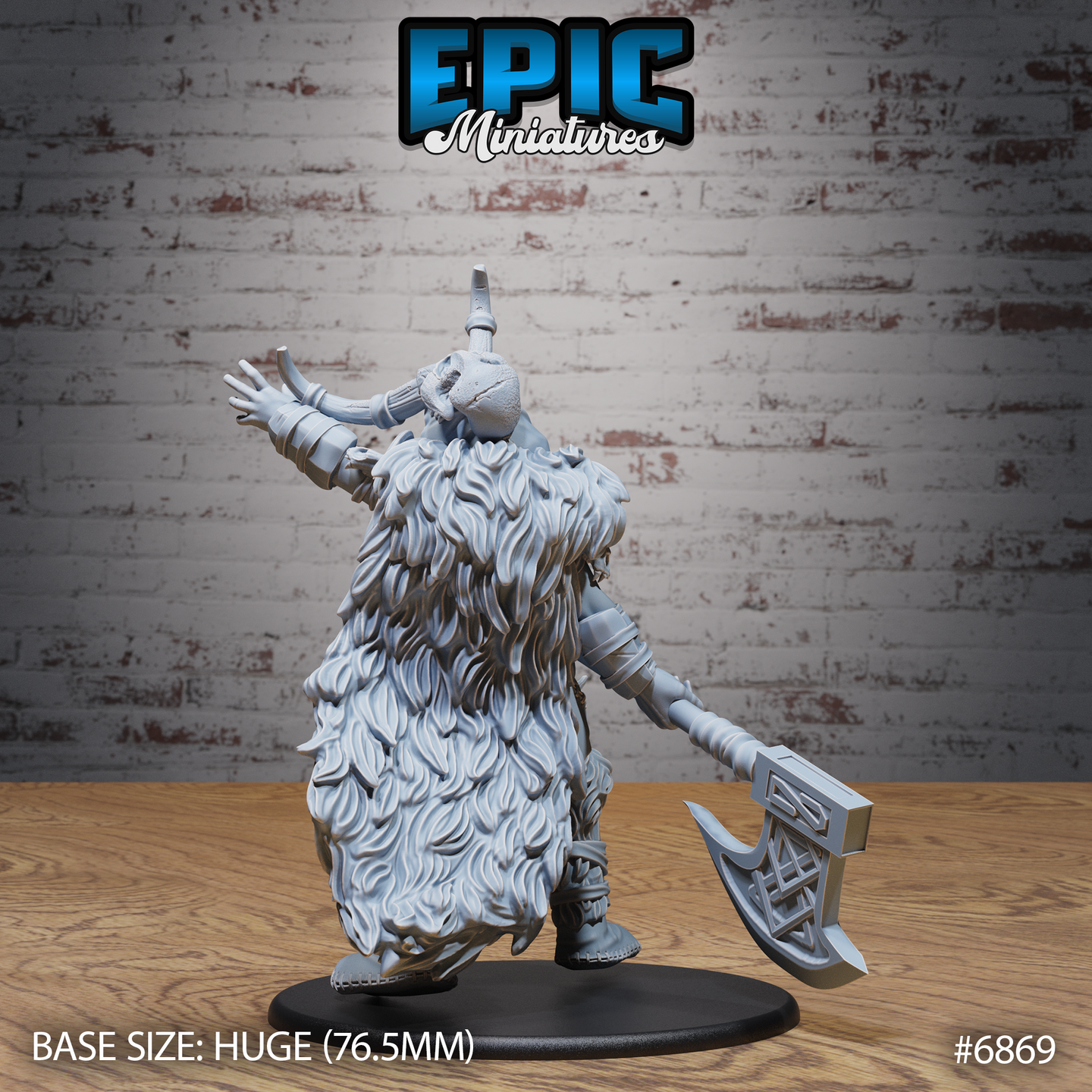 Rear of a large female giant zombie miniature showing a deeply textured full-length fur cloak covering most of the body, horned helm visible above, broad runic axe held low at the side. Sculpt by Epic Miniatures.