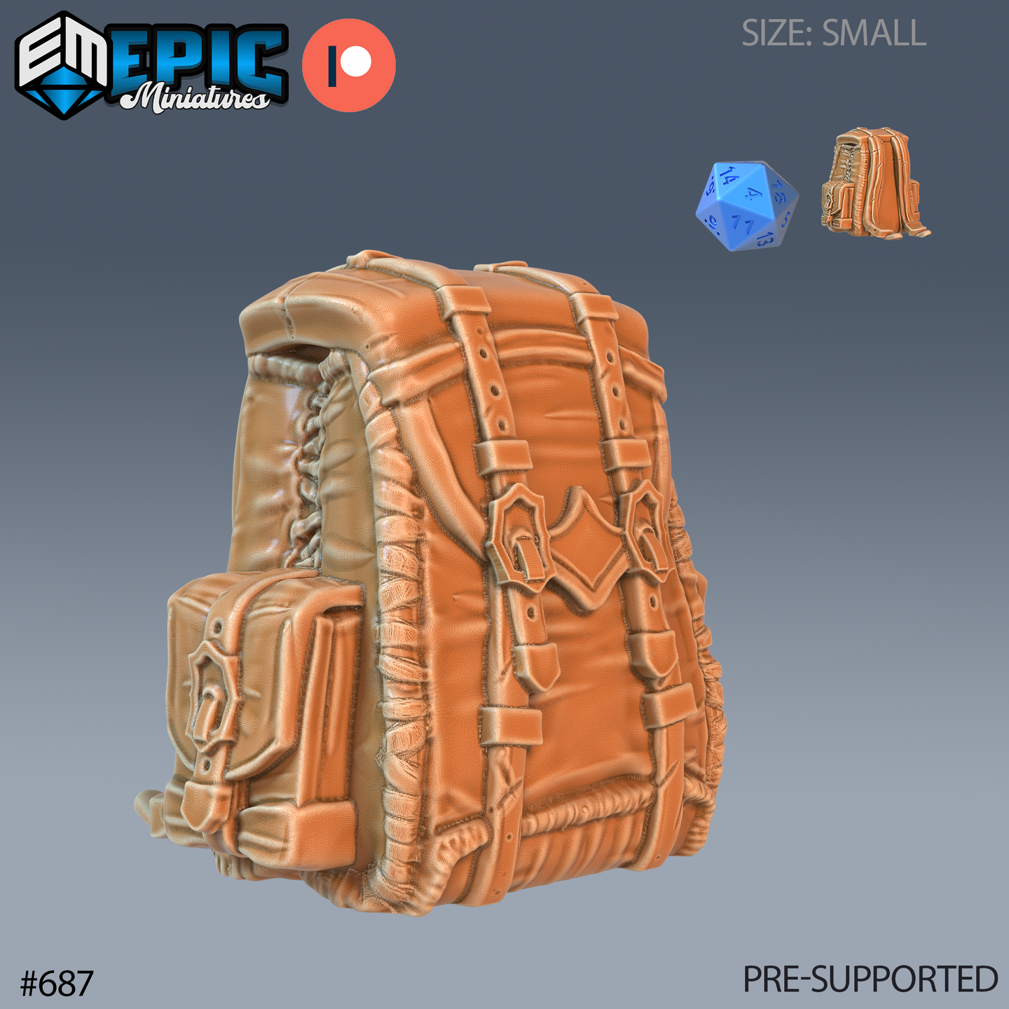 Digital render of a small resin scatter terrain backpack miniature by Epic Miniatures, showing detailed leather panels, buckle straps, side satchel pocket, and embossed geometric badge details. A d20 scale reference and top-down thumbnail are visible in the corner. Pre-supported sculpt, size rated Small.