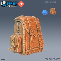 Digital render of a small resin scatter terrain backpack miniature by Epic Miniatures, showing detailed leather panels, buckle straps, side satchel pocket, and embossed geometric badge details. A d20 scale reference and top-down thumbnail are visible in the corner. Pre-supported sculpt, size rated Small.