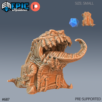 Digital render of an unpainted resin Mimic Backpack miniature — a small creature sculpted to resemble a worn leather adventurer's rucksack with buckled pouches, but with its upper half split open into a wide fanged jaw and a curling tongue, with a tail visible behind; a d20 and rear view thumbnail shown for scale and detail reference