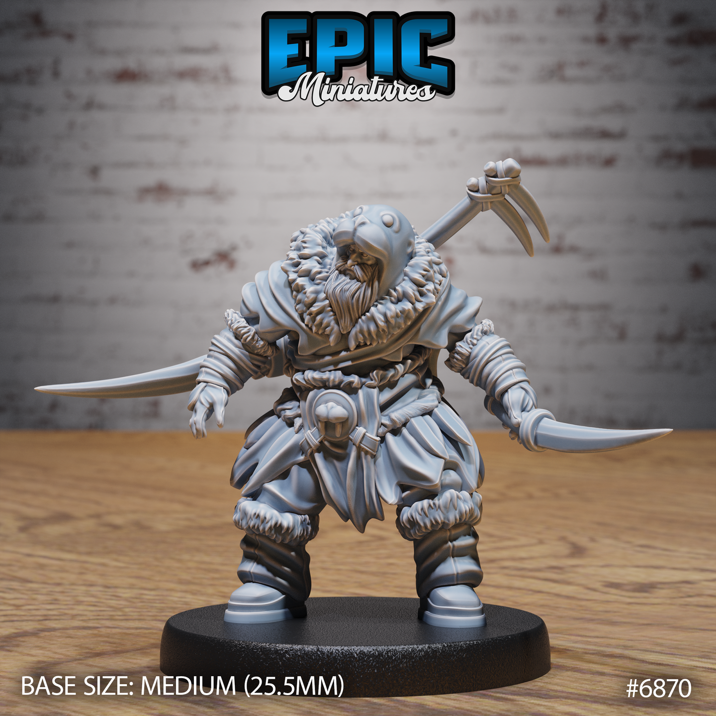 Stocky walrus-folk druid facing forward, raising a bone pick overhead in one hand and holding a curved blade low in the other, wearing layered fur-trimmed robes, hooded cloak, and wrapped forearms. Sculpt by Epic Miniatures.