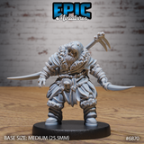 Stocky walrus-folk druid facing forward, raising a bone pick overhead in one hand and holding a curved blade low in the other, wearing layered fur-trimmed robes, hooded cloak, and wrapped forearms. Sculpt by Epic Miniatures.