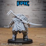 Walrus-folk druid seen from behind, bone pick raised high above his head, flowing cloak draping to his heels, dual blades visible at his sides, fur-trimmed boots and bound arms detailed. Sculpt by Epic Miniatures.