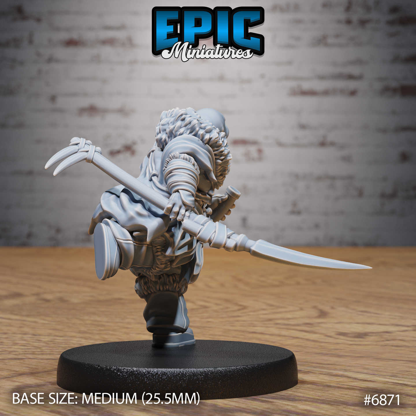 Walrus-headed druid viewed from behind, thick fur mane visible at shoulders, one hand gripping a claw-tipped staff raised high, the other extended low holding a dagger. Sculpt by Epic Miniatures.
