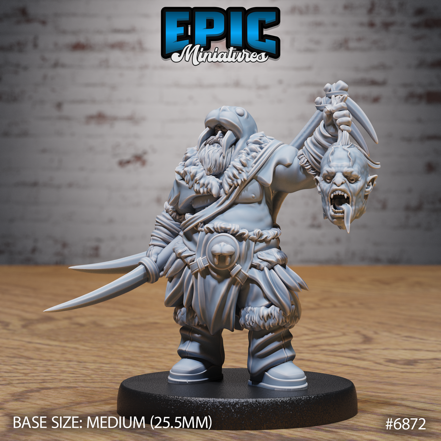 Stocky fur-clad warrior holding a severed snarling goblinoid head aloft in one fist, long blade drawn at his side, wearing a studded helm and layered furs. Sculpt by Epic Miniatures.