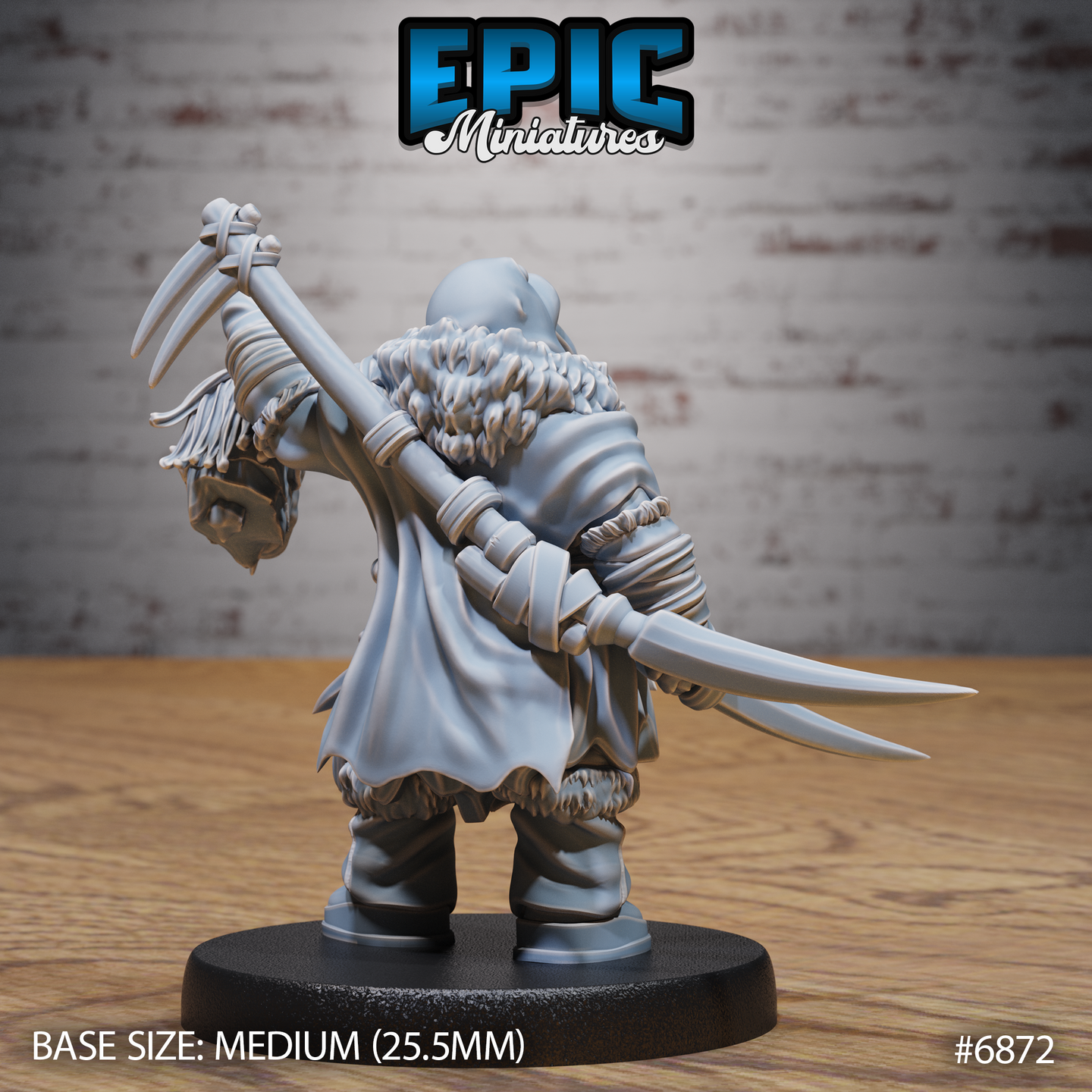 Fur-cloaked warrior seen from behind, arm raised high gripping a severed goblinoid head by the hair, a long blade sheathed across his back beneath a flowing cloak. Sculpt by Epic Miniatures.
