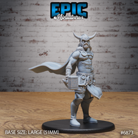 Muscular bare-chested male warrior in horned helm holding a broad runic warhammer at his side, wearing a billowing cape, rune-etched bracers and greaves, on a large round base. Sculpt by Epic Miniatures.