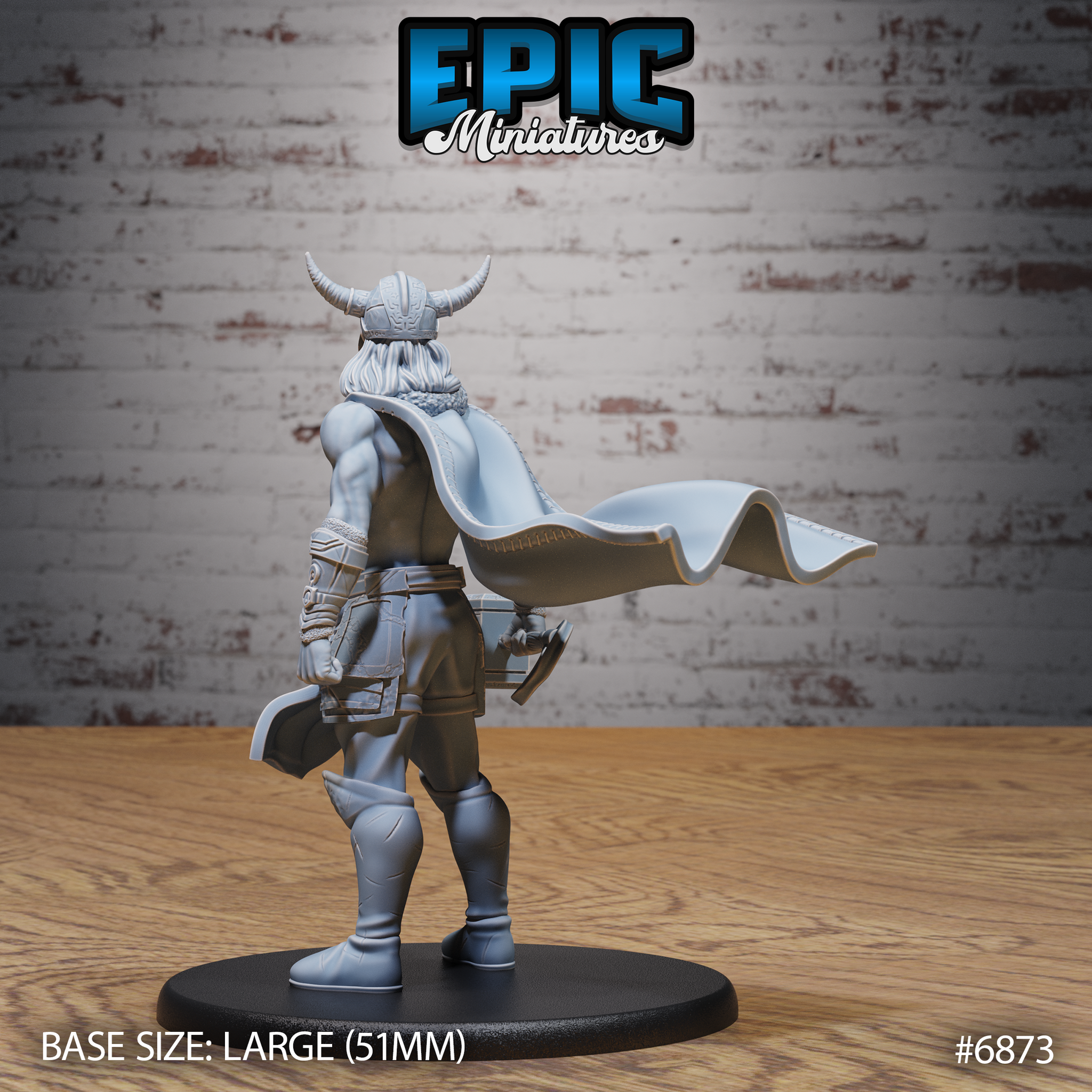 Broad-shouldered male warrior in horned helm seen from behind, long hair flowing beneath the helmet, full-length cape swept dramatically to one side, warhammer visible at hip. Sculpt by Epic Miniatures.