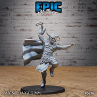 Bare-chested male warrior leaping forward with a runic hammer raised in one hand and the other arm extended, wearing a horned helmet, tassets, and a billowing cape. Sculpt by Epic Miniatures.