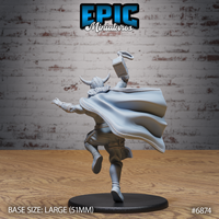 Runic hammer raised high overhead on a dynamic leaping figure in a horned helmet, cape swept wide behind the torso, showing the hammer's engraved face and the cape's stitched border detail. Sculpt by Epic Miniatures.