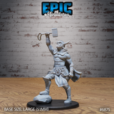 Muscular bare-chested warrior raising a rune-inscribed hammer overhead with one arm, gripping a broad axe in the other hand, wearing a horned helm, torc collar, bracers, and a kilt with hip armour, one boot planted on a rocky crag base. Sculpt by Epic Miniatures.