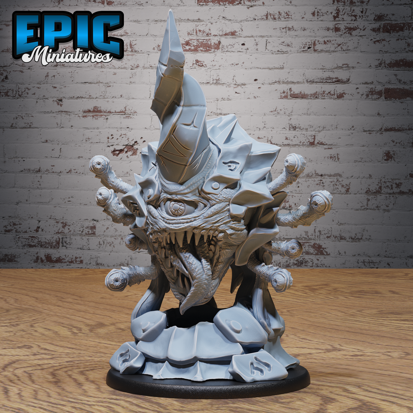 Rune Warped Eye Tyrant by Epic Miniatures — grey resin beholder-type creature with shard-like rune-etched armour, a spiked crown, central reptilian eye, fanged open maw, and six eyestalks with bulbous tips, on a sculpted rubble base.