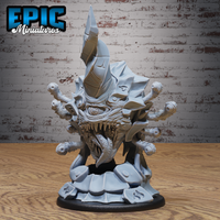 Rune Warped Eye Tyrant by Epic Miniatures — grey resin beholder-type creature with shard-like rune-etched armour, a spiked crown, central reptilian eye, fanged open maw, and six eyestalks with bulbous tips, on a sculpted rubble base.
