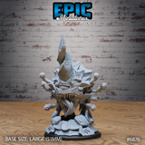 Rune Warped Eye Tyrant by Epic Miniatures — unpainted grey resin model shown on a large 51mm base, featuring angular chitin armour plating, a jagged dorsal spike, wide central eye above interlocking curved fangs, and multiple veined eyestalks extending outward.