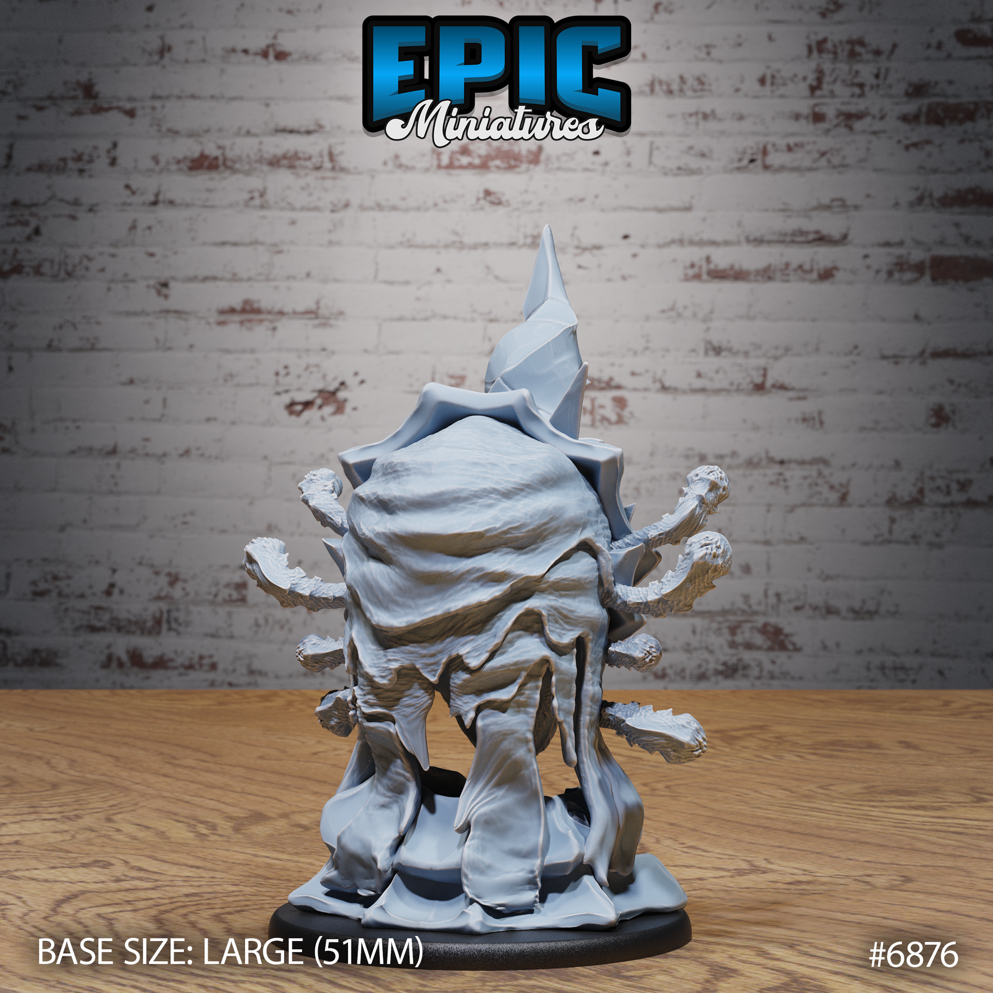 Rune Warped Eye Tyrant by Epic Miniatures — rear view of the unpainted grey resin model revealing a mass of fleshy tentacle-like appendages beneath the armoured body, with eyestalks visible at the sides and the jagged dorsal spine rising above the creature.
