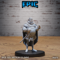 Portly bearded king miniature standing with chest forward, wearing a ruffled collar, padded doublet, heavy cape, and holding a rapier at his side. Sculpt by Epic Miniatures.