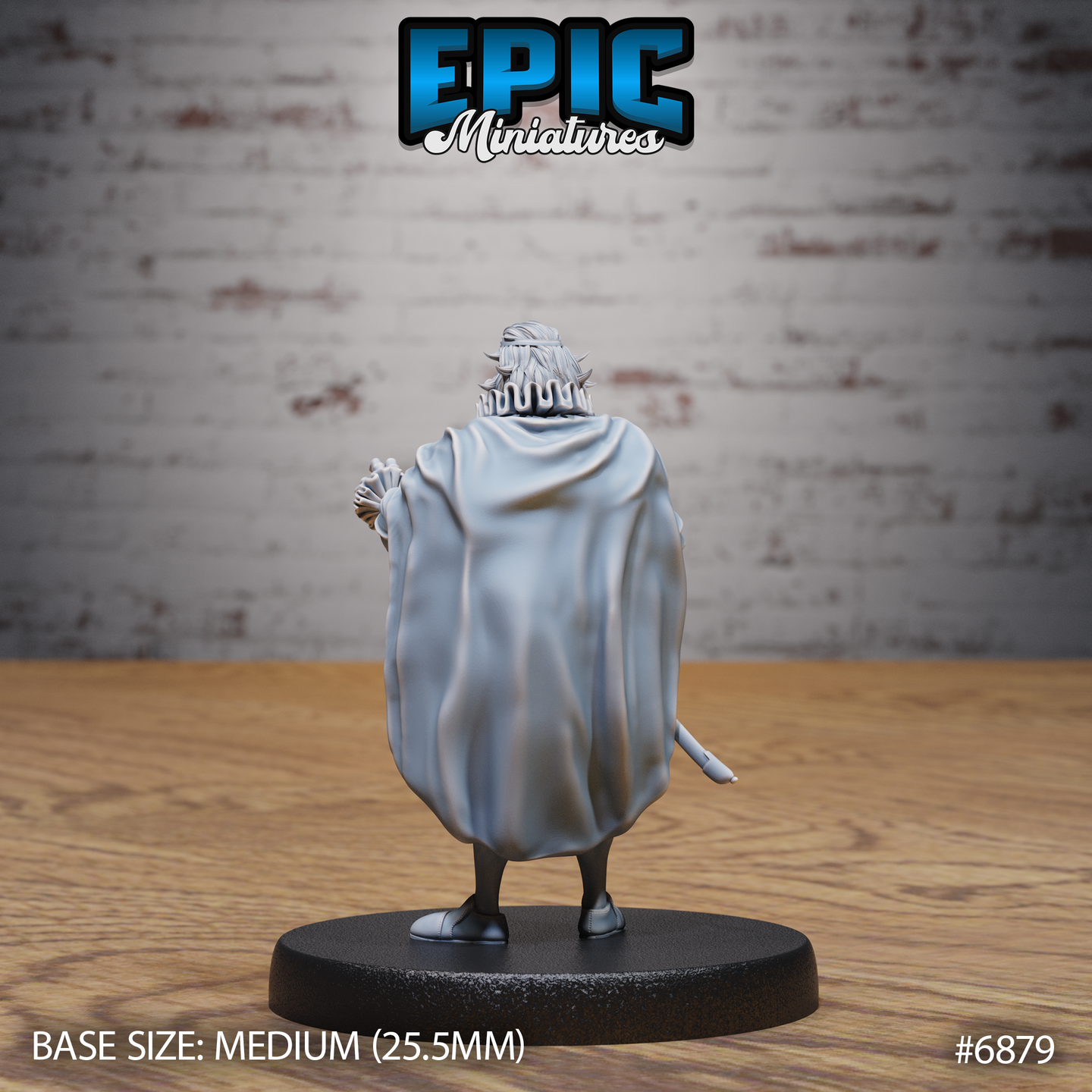 Rear view of a portly king miniature showing a sweeping full-length cape draped over broad shoulders, spiked crown visible atop flowing hair. Sculpt by Epic Miniatures.
