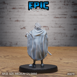 Rear view of a portly king miniature showing a sweeping full-length cape draped over broad shoulders, spiked crown visible atop flowing hair. Sculpt by Epic Miniatures.