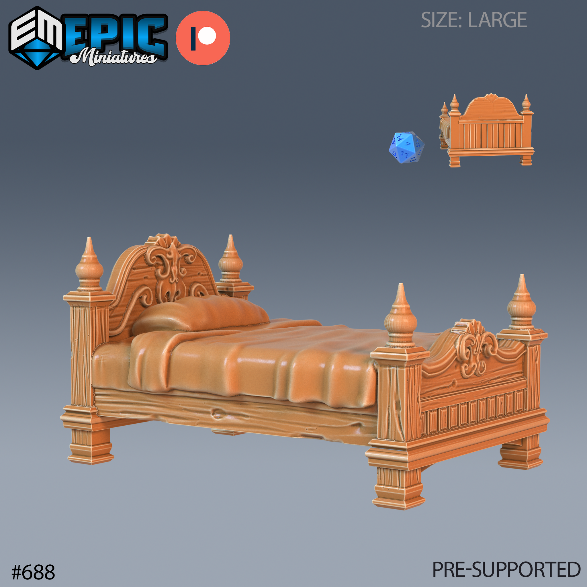 Digital render of a large ornate fantasy bed scatter terrain piece by Epic Miniatures, shown in unpainted resin-tone brown. The four-poster style frame features carved scroll-work on the headboard and footboard, tall turned finials at each corner, wood-grain texture throughout, and sculpted bedding with a bolster pillow. A d20 and small rear-view thumbnail are visible for scale reference.