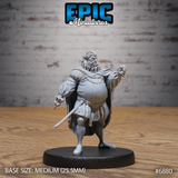 Heavyset nobleman raising a clenched fist, holding a thin rapier at his side, wearing a puffed doublet, ruff collar, and chain of office, with a cloak swept behind him. Sculpt by Epic Miniatures.