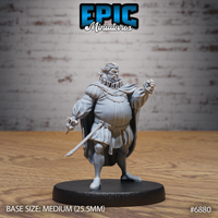 Heavyset nobleman raising a clenched fist, holding a thin rapier at his side, wearing a puffed doublet, ruff collar, and chain of office, with a cloak swept behind him. Sculpt by Epic Miniatures.