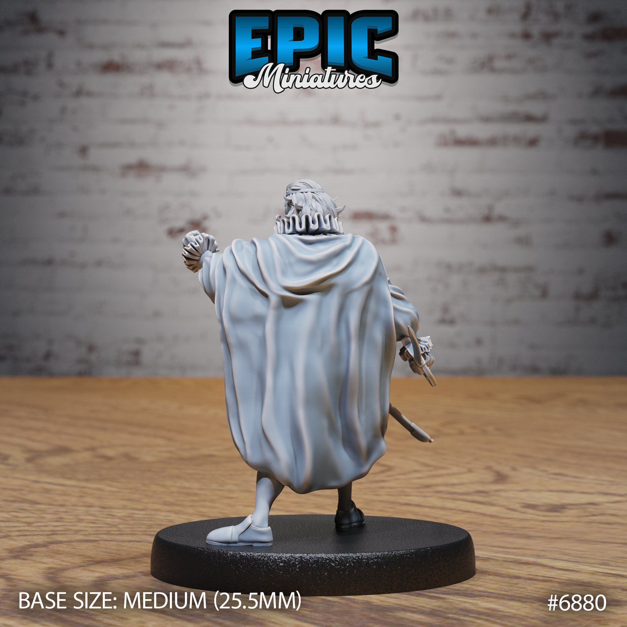 Broad-shouldered nobleman seen from behind, cloak billowing in full dramatic sweep, one fist raised and rapier held low, ruff collar visible above the cloak line. Sculpt by Epic Miniatures.