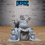 Obese bearded nobleman seated on sacks of bulging coin, holding a short blade in one hand and a sceptre in the other, wearing layered robes and a ruffled collar, base scattered with loose coins. Sculpt by Epic Miniatures.