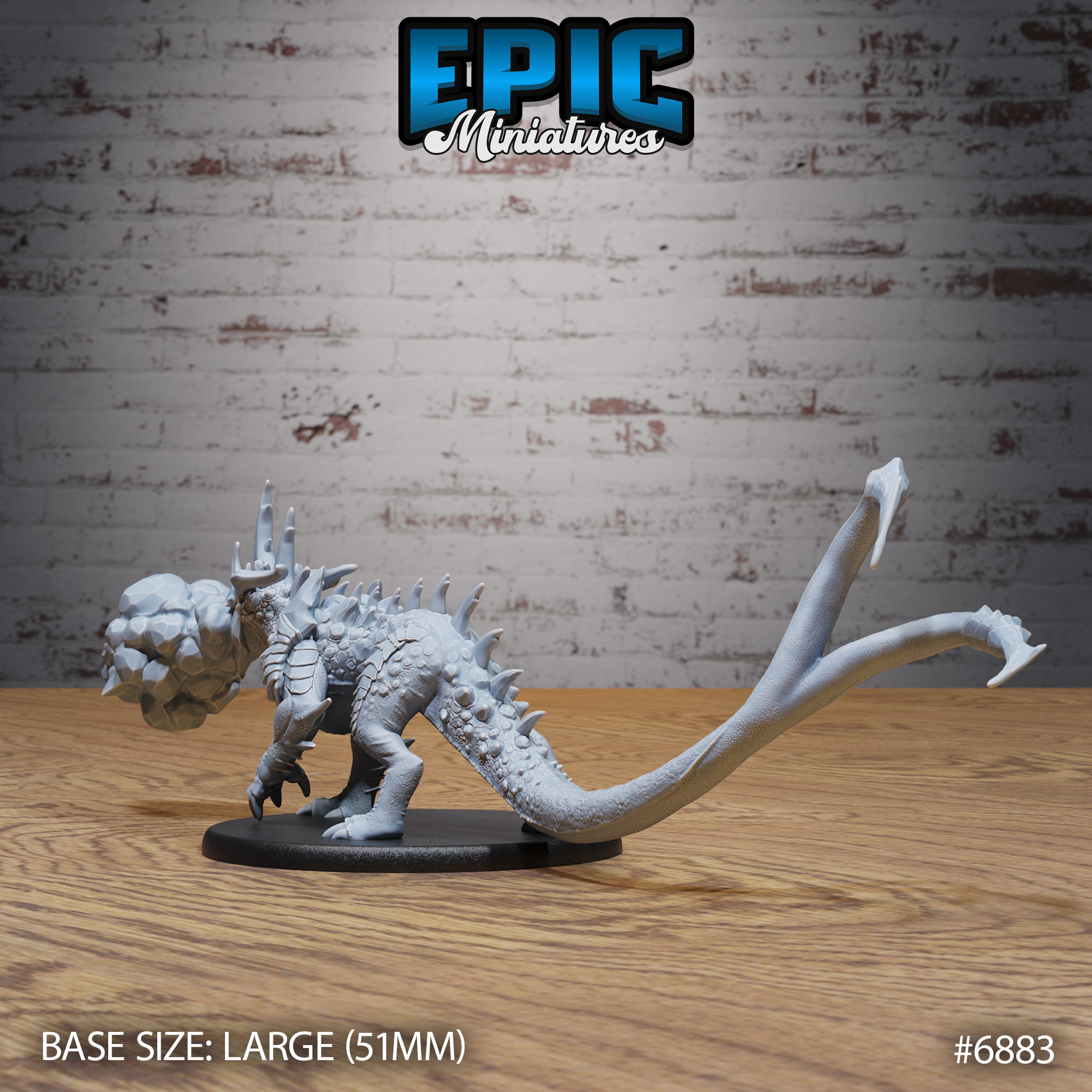 Crystal Guard Drake Firebreath by Epic Miniatures — rear-facing view showing ridged scute scales along spine, swept-back horns, crystal spike crest above neck, and tapering needle-tipped tail arching upward.