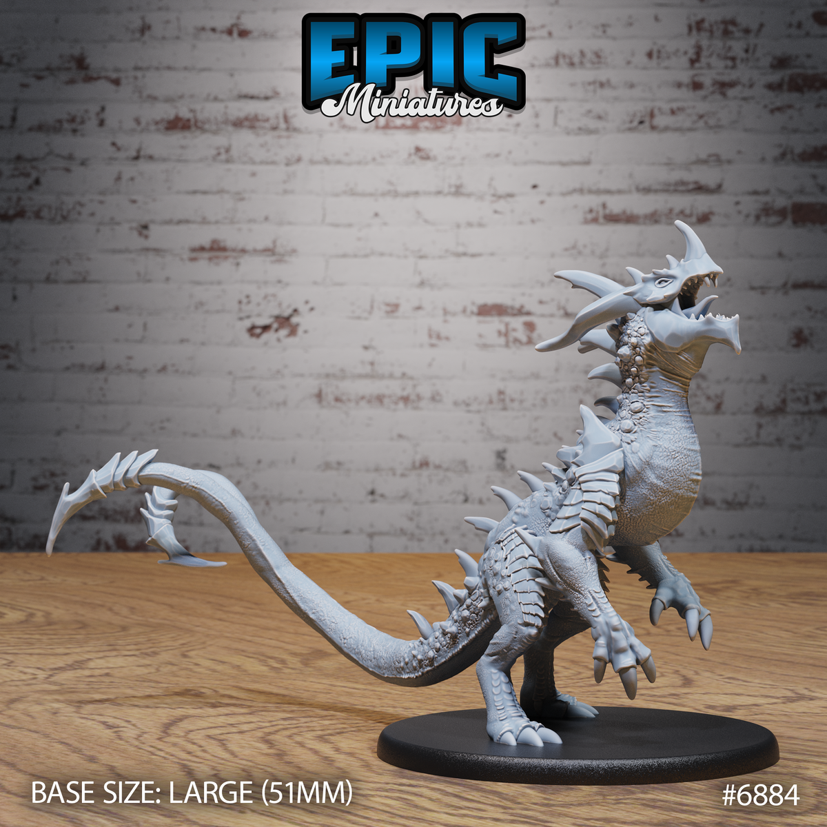 Crystal Guard Drake Roar by Epic Miniatures — spiked drake rearing on hind legs, jaws open wide, long barbed tail sweeping left, armoured belly plates and horned skull crown visible. Large 51mm base.