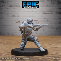 Armoured guard kneeling on one knee, aiming a crossbow forward with both hands, wearing layered scale mail, a visored helmet, pauldrons, greaves, and a utility belt. Sculpt by Epic Miniatures.